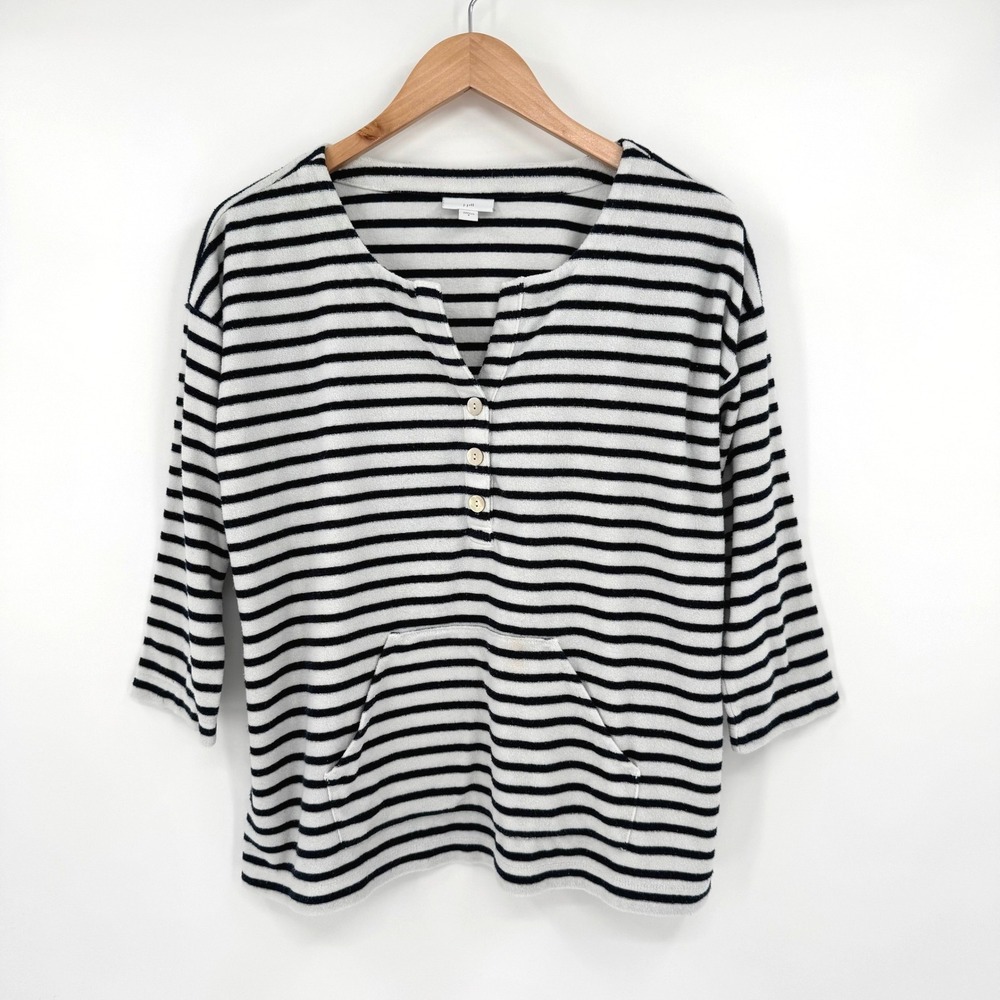 J.Jill Striped‎ French Terry Cloth Popover Top Navy White Kangaroo Pocket Sz S